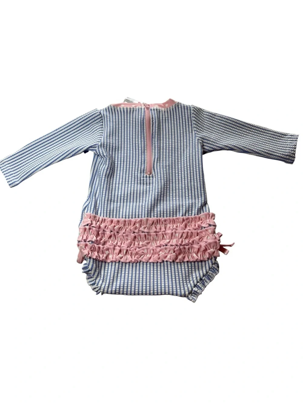 Ruffle Butts Blue-and-Pink Seersucker  Rashguard 6-12 Month Swimsuit
